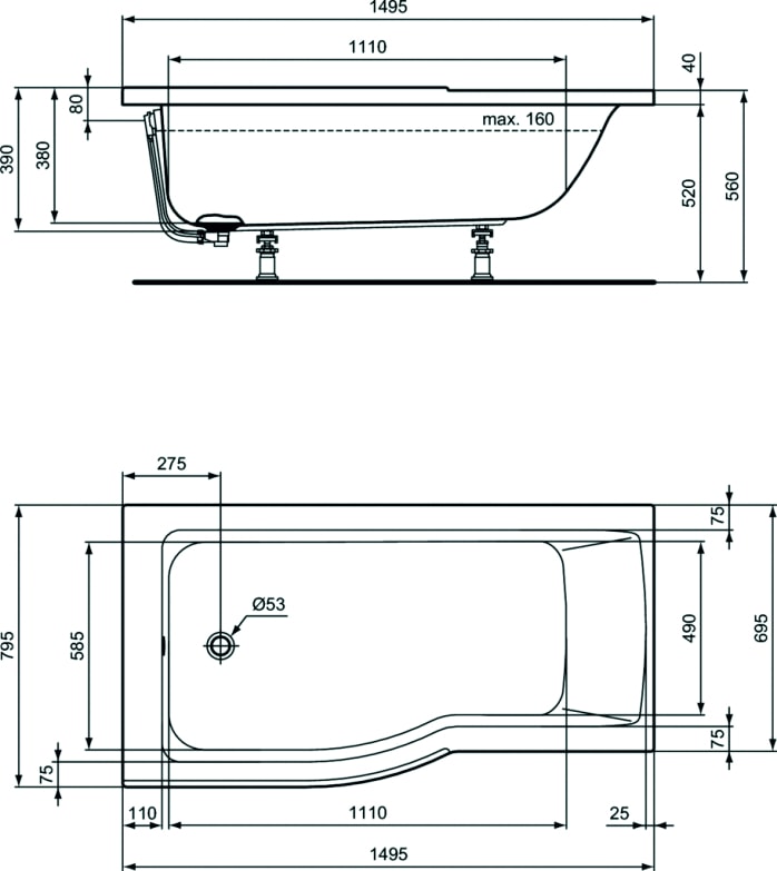 ΑΣΥΜΜΕΤΡΗ ΑΡ. CONNECT AIR 150 Χ 80 εκ. IDEAL STANDARD Image 1++